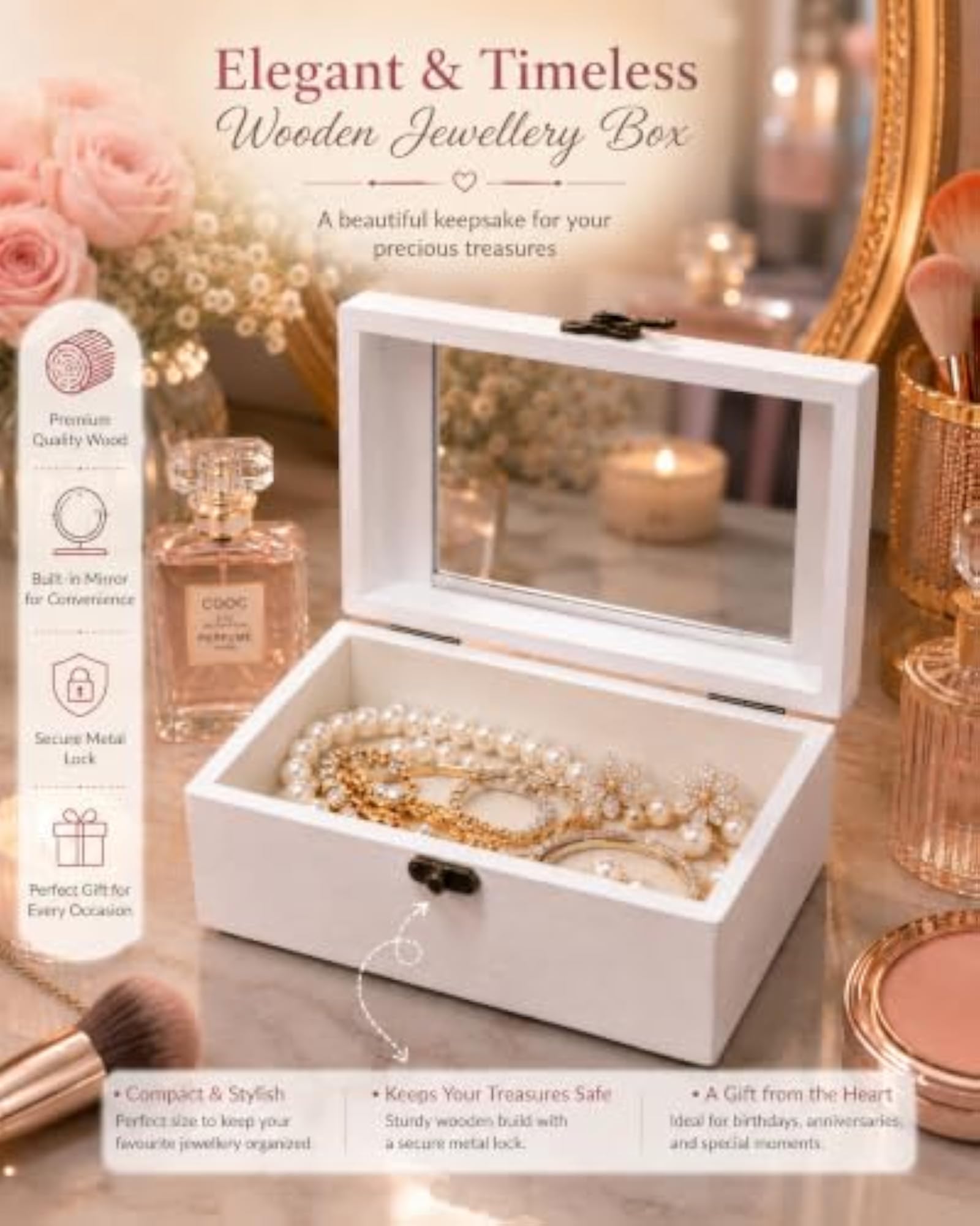 Wooden Jewelry Box with Mirror & Lock for Women